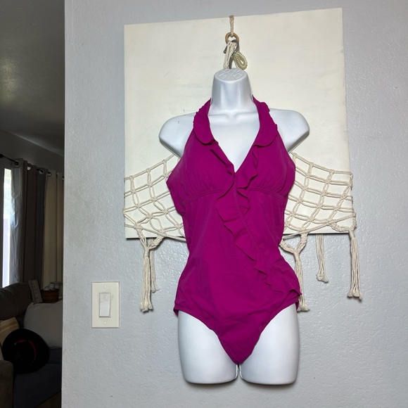 Vibrant Pink Ruffled Halter Swimsuit L - Picture 1 of 3